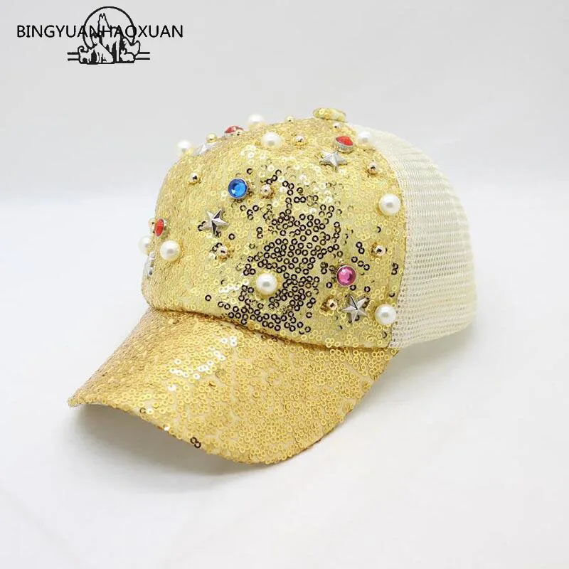 BINGYUANHAOXUAN летняя женская модная бейсболка с блестками и жемчугом Всесезонная