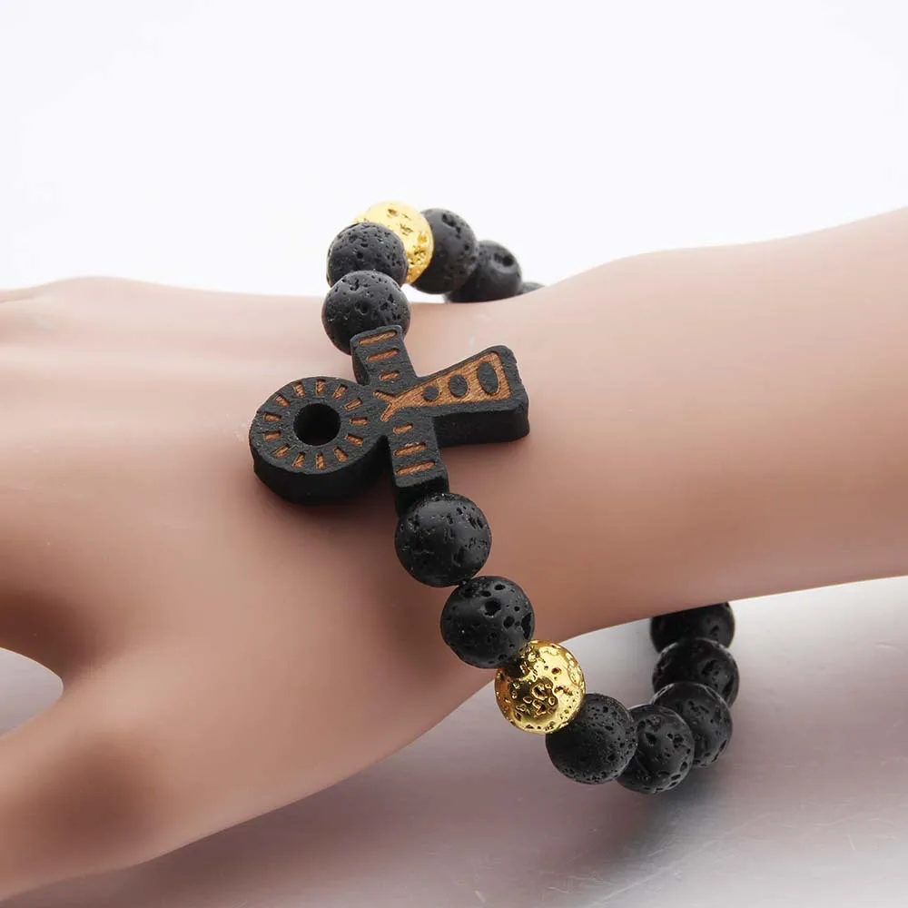 Новый трендовый Крест Иисуса браслеты мужские черные Лава камень 10 мм бусы и для