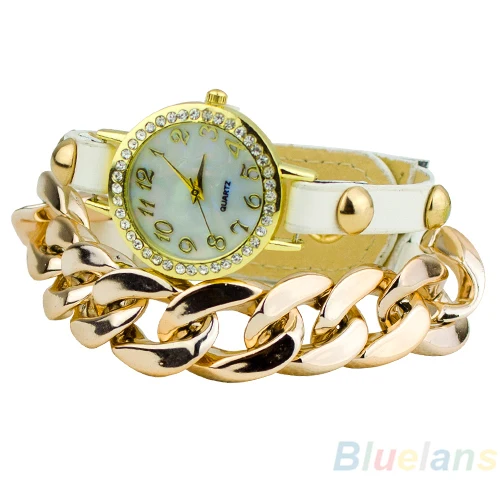 Womens Punk Style Multicolor Gold Plated leather Rhinestone Band Acrylic Chain Bracelet Dress Watch 03IG | Тематическая одежда и