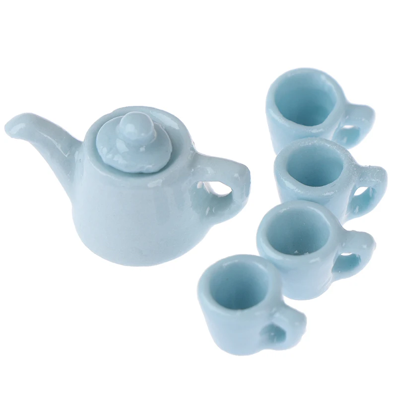 

5Pcs/set 1:12 Miniature Porcelain Modern Tea Cup Set Ceramics Tableware Kitchen Dollhouse Teapot Solid Color