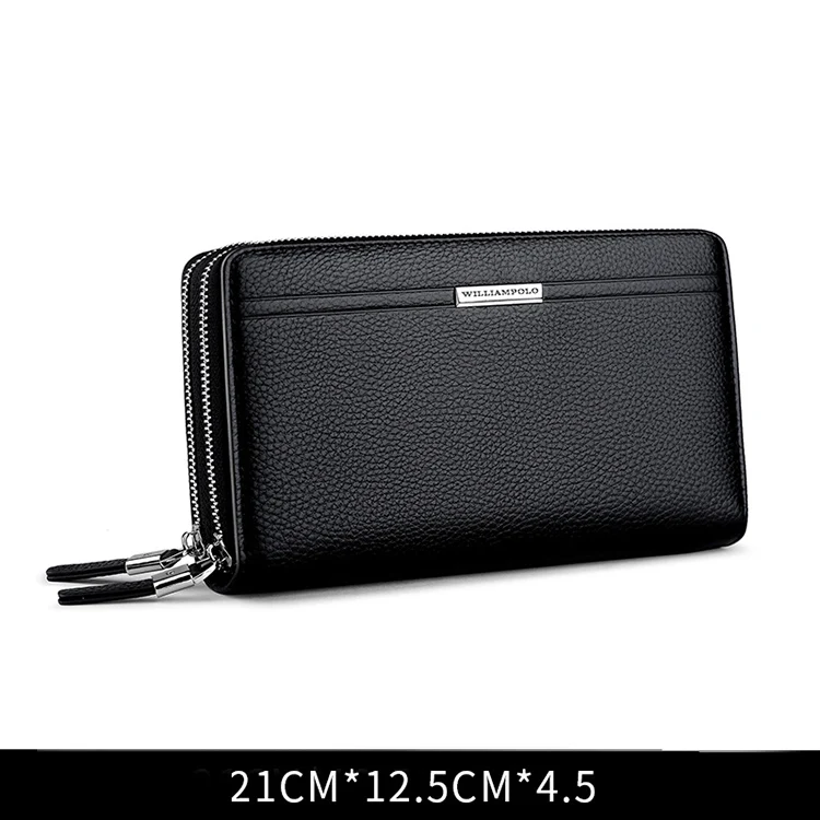 WILLIAMPOLO Leather Vintage Solid Clutch Bag Phone and Card Brand Mens Wallet Double Zipper Genuine Leather Handy Bag Purse