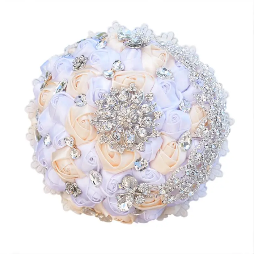 Beige White JaneVini Роскошная атласная роза ручной работы свадебные букеты со стразами Свадебные цветы Ramo Novia Flor искусственные - Цвет: Beige White