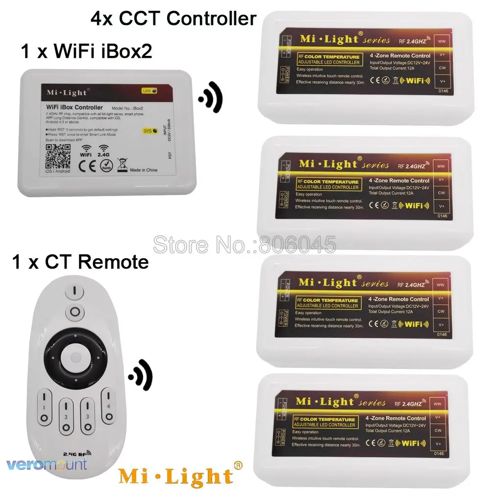 MiLight теплый белый свет/холодный белый Светодиодные ленты 4-Зона CCT DC12V 24V 10A 2,4G Беспроводной с Wi-Fi и дистанционным управлением Совместимость