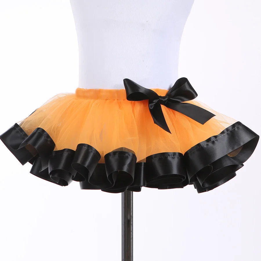 Принцесса Малыша Девушка Пачка Orange Тюль Юбка с Черной Лентой Отделкой Размер