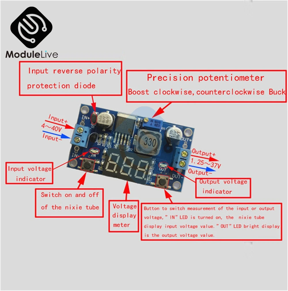 DC-DC Buck Step Down Module LM2596 DC/DC 4.0~40V to 1.25-37V Adjustable Voltage Regulator With LED Voltmeter