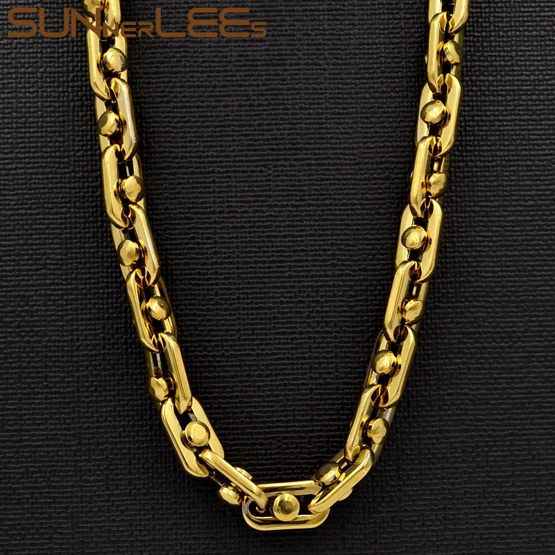 Gold SUNNERLEES 316L ожерелье из нержавеющей стали 9 мм геометрический бисер звено Цепочка Золото Серебро для мужчин женщин модные украшения подарок SC74 N - Окраска металла: Gold