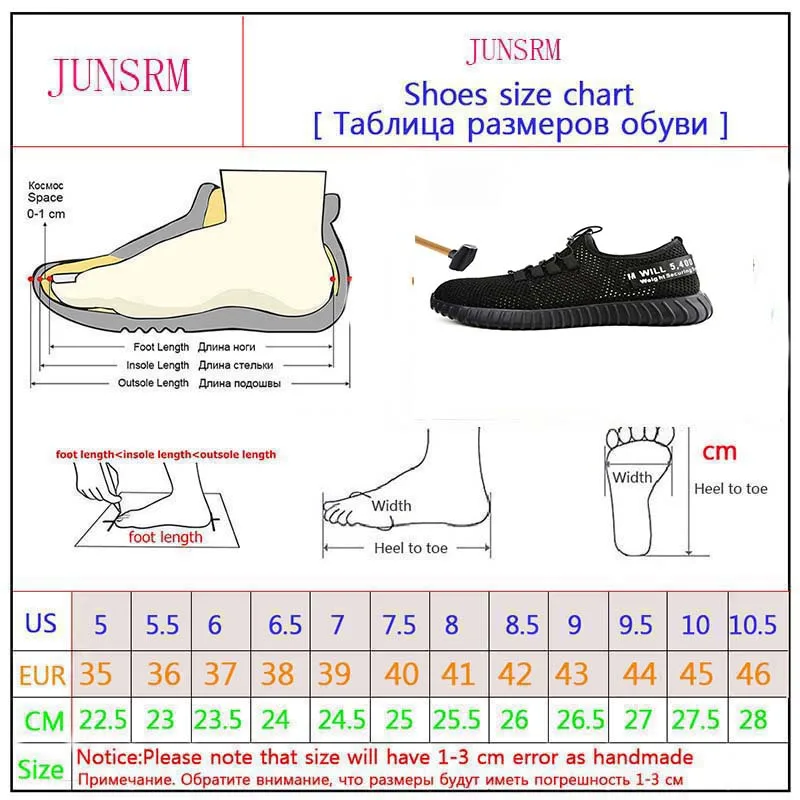 JUNSRM/Мужская защитная обувь; дышащие летние ботинки; Женская Мужская обувь для работы со стальным носком, с противоскользящим покрытием; размеры 36-46