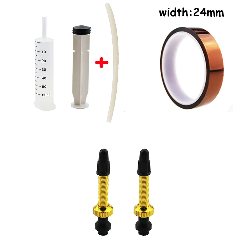 syringe gold 24mm Бескамерный герметик для велосипедных шин, шприц 60 мл, комплект резиновых шлангов/бескамерные клапаны для велоспорта/бескамерная лента для велосипеда для горного велосипеда - Цвет: syringe gold 24mm