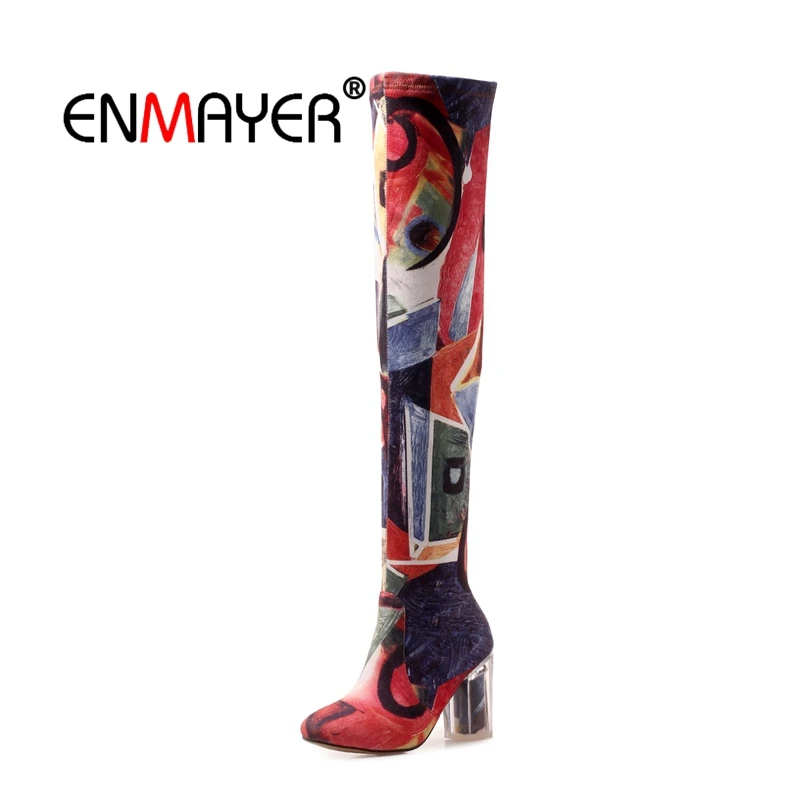 

ENMAYER Women Over The Knee Boots Pointed Toe Winter Warm Fashion Boots High Heels Sexy Thin heels Plus Size 34-43 Flower CR1586