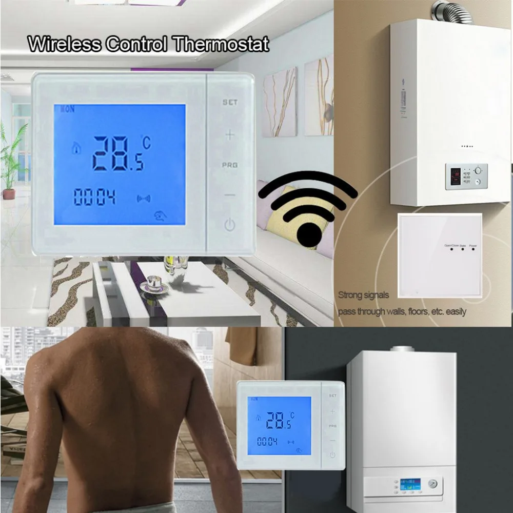 

A Gas Boiler Wireless Thermostat RF Control 5A Thermostat Wall-Hung Boiler Heating Thermostat Digital LCD Temperature Controller