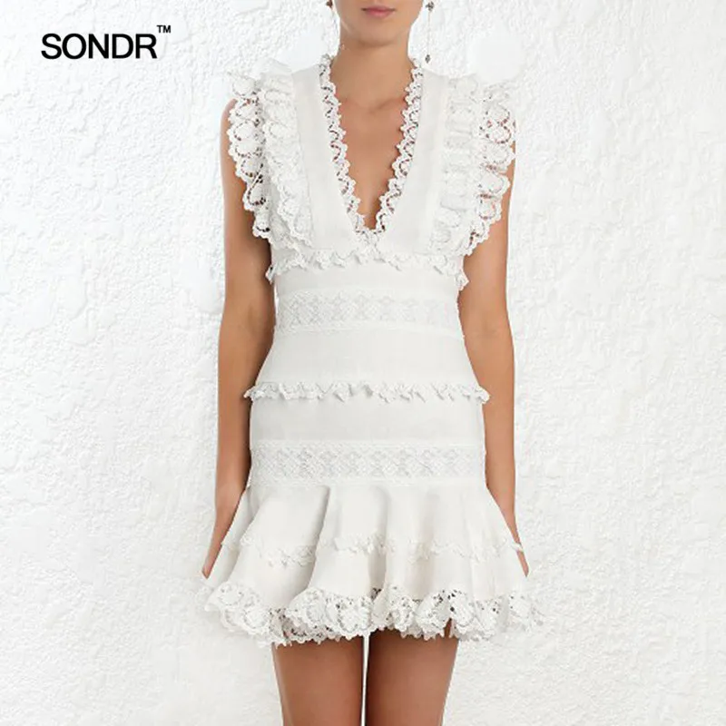 SONDR Patchwork Lace Dress Women V Neck Sleeveless High Waist Mini Mermaid Dresses Female Elegant Fashion 2019 Summer New | Женская
