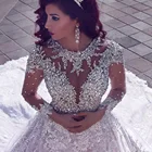 Женское свадебное платье с длинным шлейфом, кружевное мусульманское платье невесты, расшитое бисером и длинным рукавом, на заказ, 2018