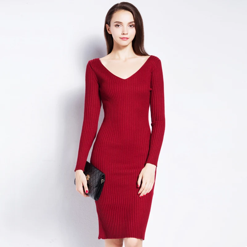 Vintage Double V-Neck Knee-Length Knitted Dress Women One-Piece Pullovers Winter Female New Fashion Sheath Sweater | Женская одежда