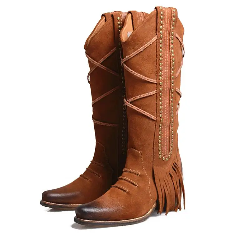 brown leather in Prova Perfetto; женские сапоги до колена с бахромой в стиле ретро; сапоги на высоком каблуке-столбике с заклепками; Украшенные шипами; рыцарские сапоги без застежки - Цвет: brown leather in