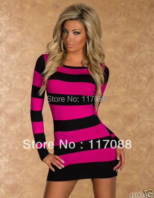 Free Shipping 2015 Newly Arrival ML17900 Sexy Long Sleeve Hot Colored Strips Dress Black and Rose Mini dress | Женская одежда