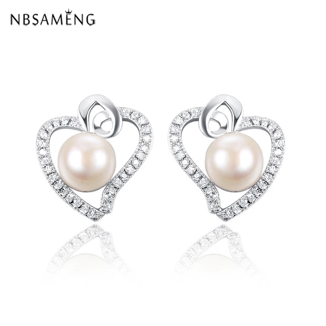 2018 Новая мода 925 sterling silver pearl сердце Форма Ясно CZ Серьги гвоздики для Для женщин