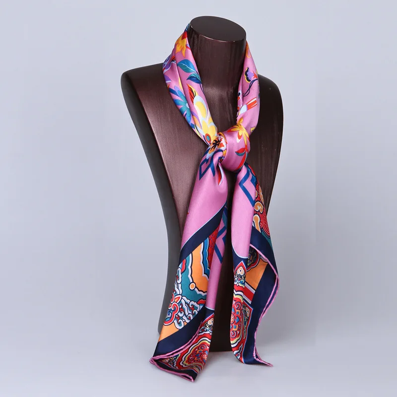 HA759 100% Mulbery Silk Satin Scarf Women 90cm Large Square Scarves Chinese National Floral Print Summer Sunscreen Wraps Foulard |