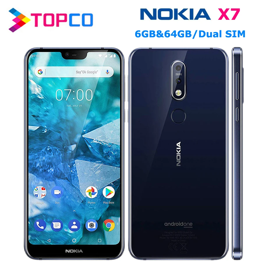 Nokia X7 TA-1131 6 ГБ+ 64 ГБ разблокированный Android мобильный телефон Octa Core Dual Sim 6,18 ''3 камеры, распознание отпечатка пальца WI-FI Snapdragon 710