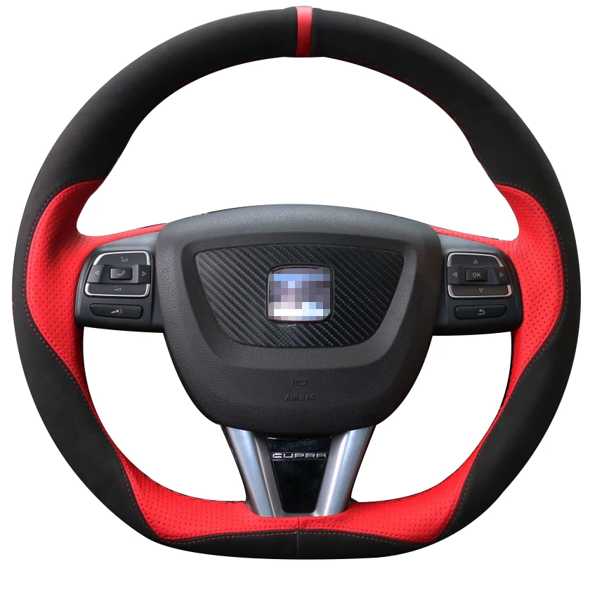 Черная замша красный кожаный чехол рулевого колеса автомобиля для Seat Leon 2009 2012|car