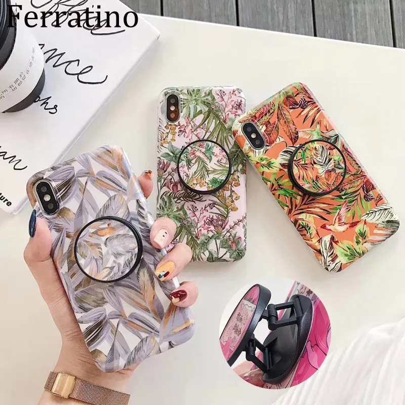 Summer Leaves Finger Ring Holder Case For iPhone XR X XS Max 6 6S 7 8 Plus Colorful Painting Floral Soft Fashion Phone NEW |