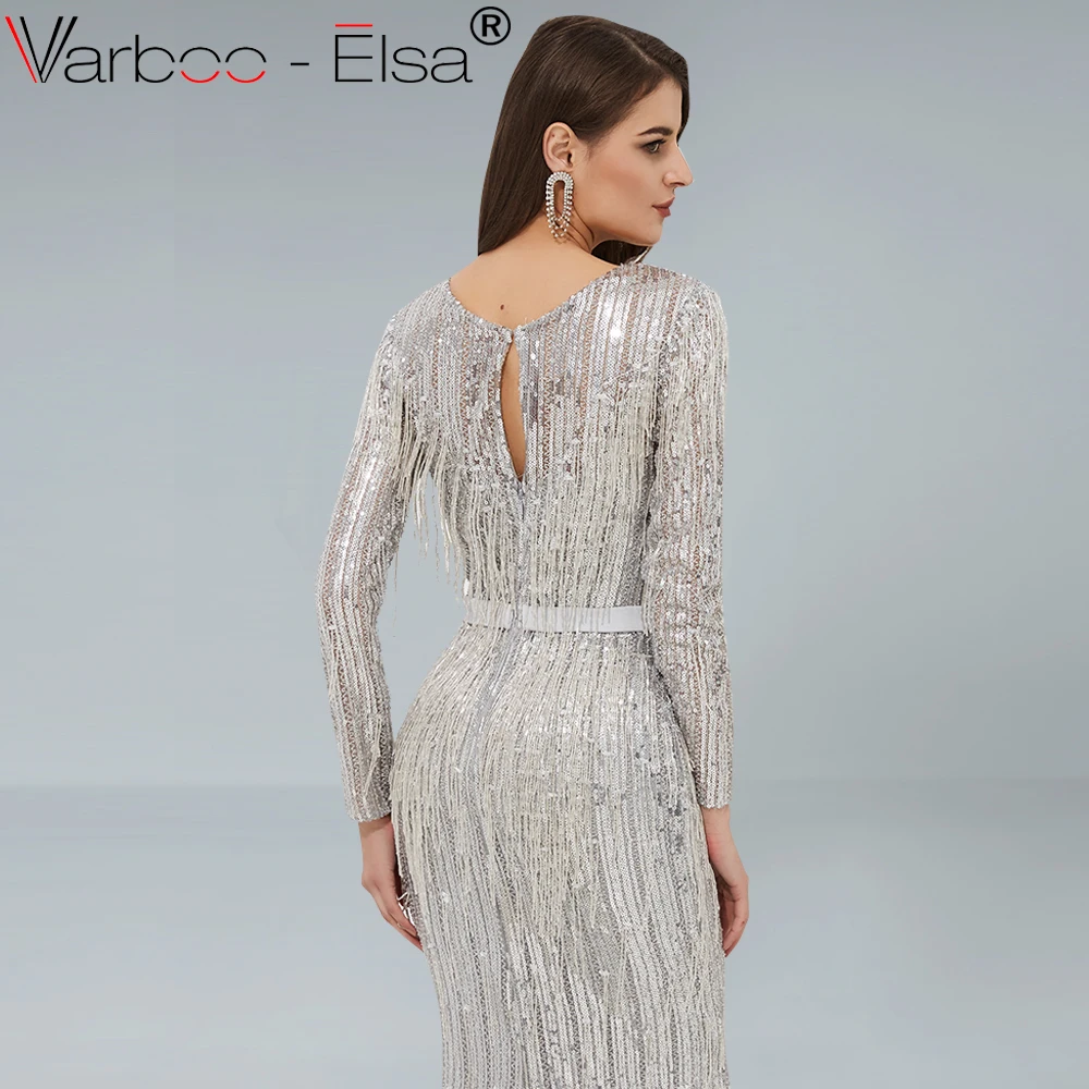 Женское вечернее платье с блестками VARBOO_ELSA Серебряное длинными рукавами и
