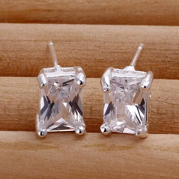 925 jewelry silver plated earrings Rectangle Crystal Earrings-White Gem E098 | Украшения и аксессуары
