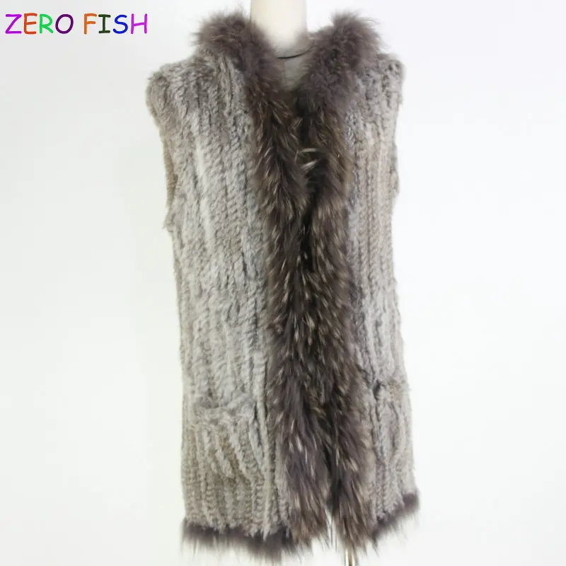 high quality hot sale knitted rabbit fur pocket vest raccoon dog collar with hood waistcoat | Женская одежда