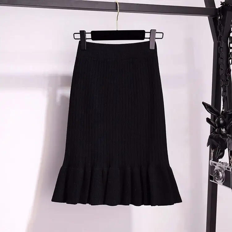 Vangull Women long sweater skirt Winter female ruffle midi pleated skirts maxi knitted high waist warm elegant Saias Jupe Femme - Цвет: Black for 50cm