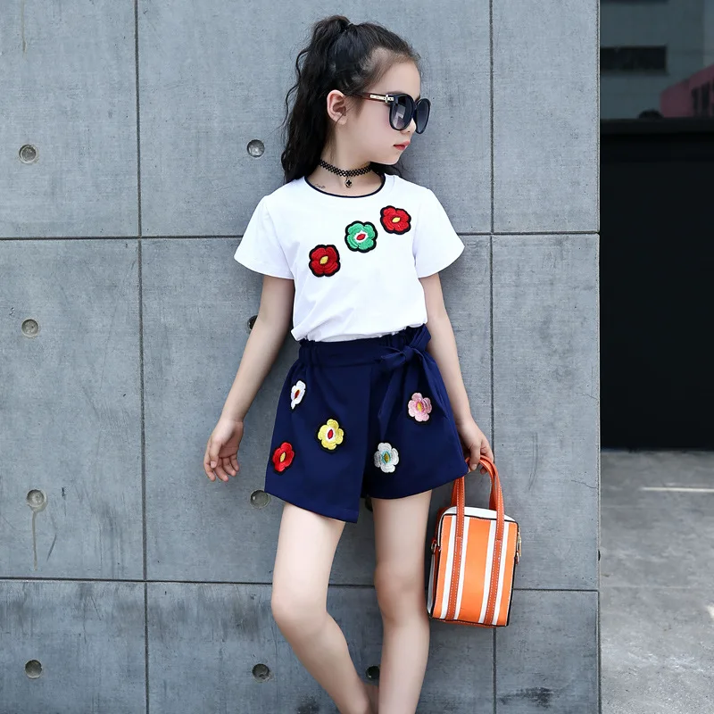 Летний комплект одежды для девочек костюм с цветочным принтом 2018 детский