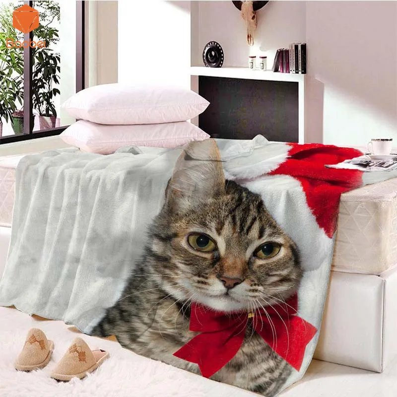 

Cute Cat With Christmas hat Towel Thicking Blanket Animal Throw Blanket For Kids Adults Blanket Throws Summer bedsheet Travel