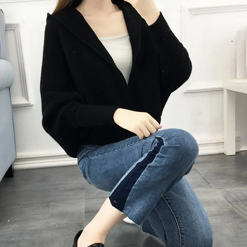 Осень сплошной цвет S-XL короткий с капюшоном вязаный кардиган свитер пальто 2018