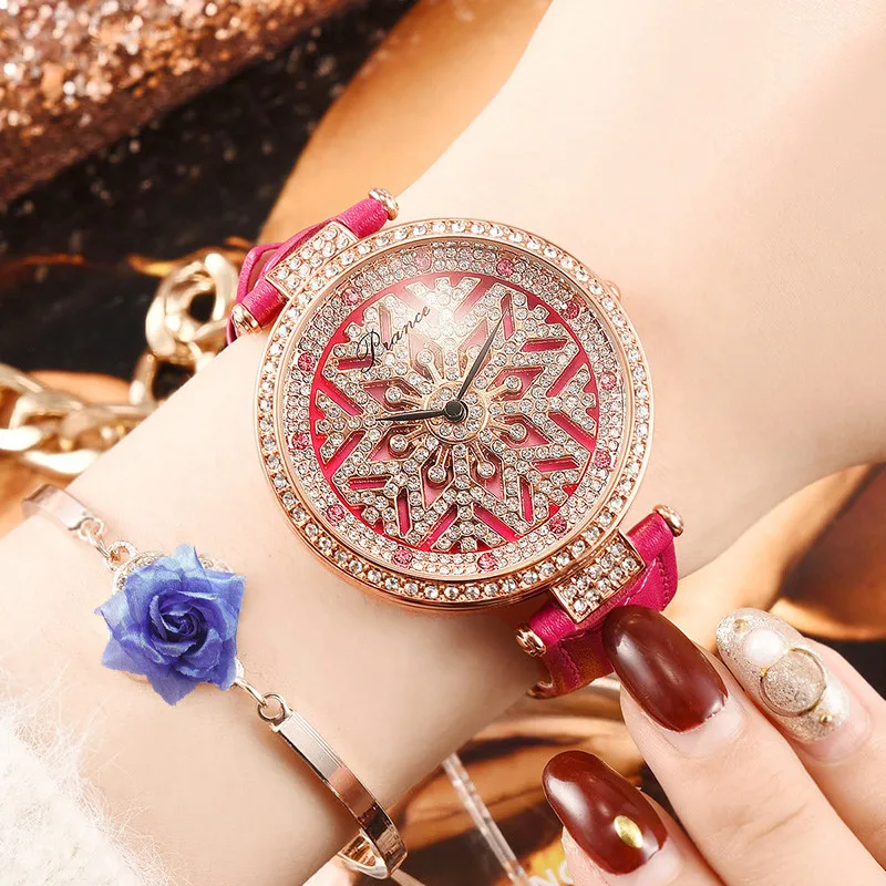Rose red Роскошные водонепроницаемые кварцевые часы, женские модные часы с вращающимся циферблатом, снежинка, бриллианты, Relogio Feminino, дропшиппинг - Цвет: Rose red