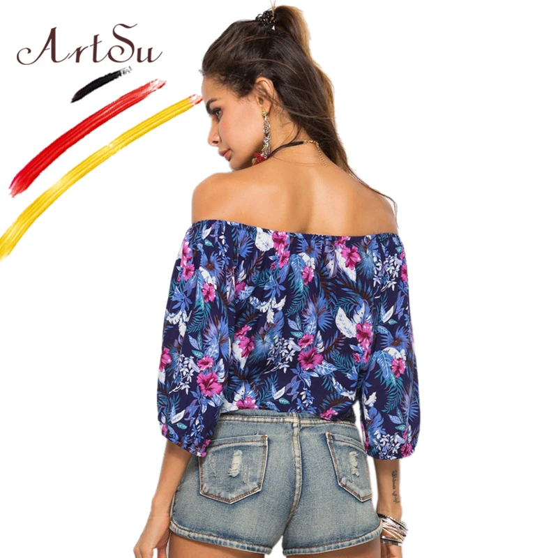 ArtSu Women Three Quarter Spring Summer Blouse 2019 Boho Sexy Off Shoulder Crop Top Casual Beach Floral Print Shirt Blusas Mujer |