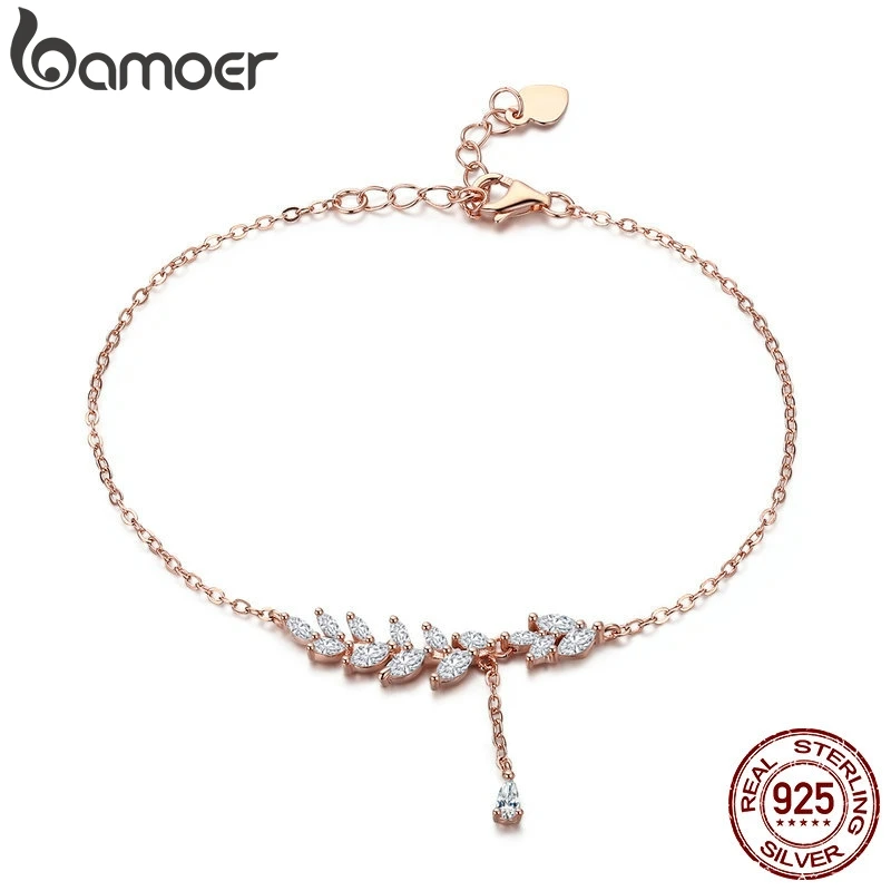 BAMOER, новинка, 925 пробы, серебро, розовое золото, дерево, листья, лист, цепочка, звено, женский браслет с застежкой лобстер, ювелирное изделие, регулируемое, SCB049