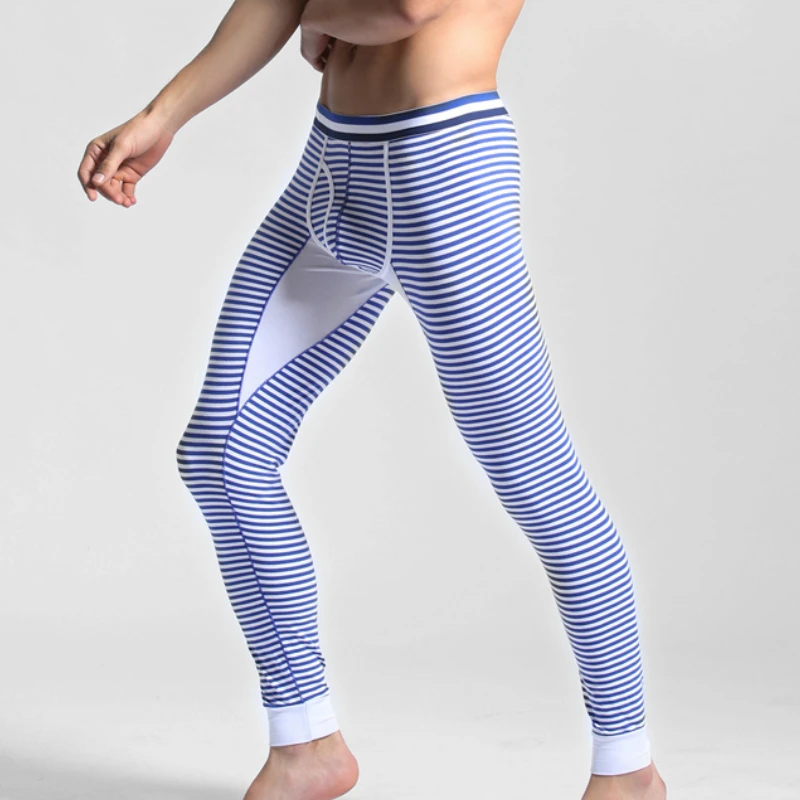 Зимнее осеннее мужское хлопковое термобелье полосатые кальсоны теплые