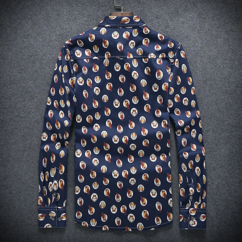 Мужская рубашка для отдыха темно синяя с длинным рукавом весенняя принтом хлопок