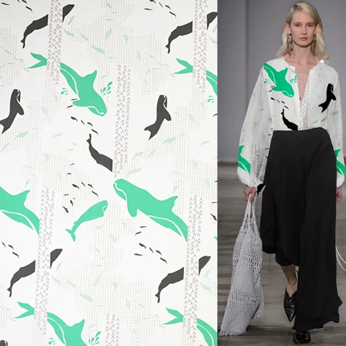 Шелковая и хлопковая ткань с принтом рыбы Кита из мультфильма SCT377 | Дом сад