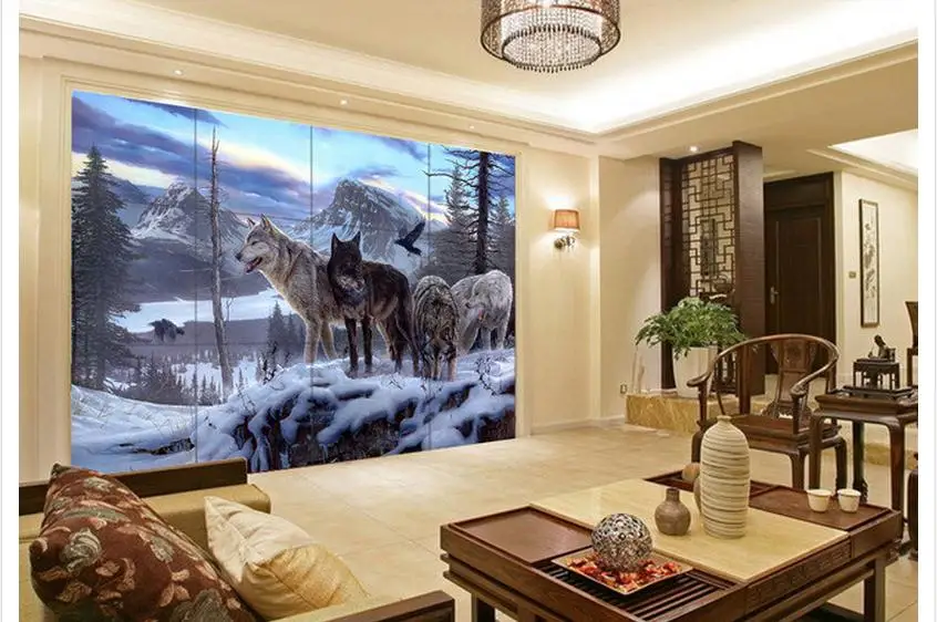 

Free shipping 3D custom wall paper 2015 new Snow Wolf TV setting wall murals wallpaper home decoration