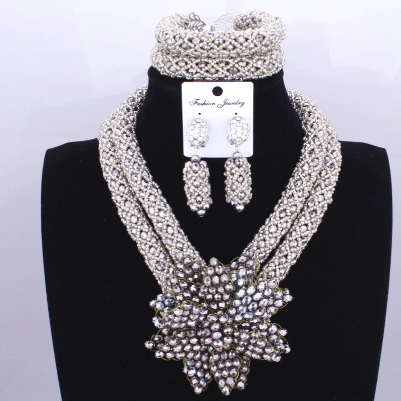 2018 New Design Two Layers Luxury Ladies Wedding Bridal Necklace African Beads Jewelry Sets For Party Crystal jewelry Set