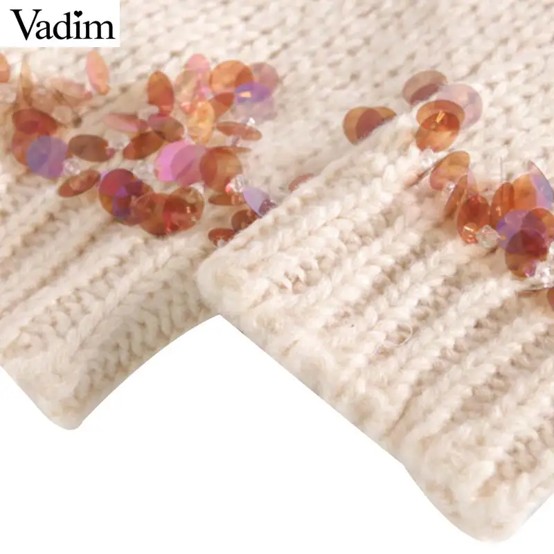 Vadim shiny sequined loose knitted sweater beading patchwork long sleeve o neck stretchy pullovers casual sweet tops HA226 | Женская