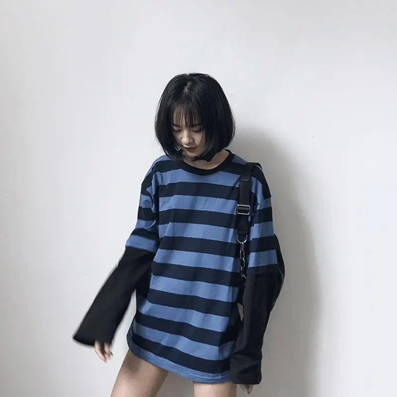 Женская футболка с длинными рукавами Harajuku черная синяя свободная в полоску