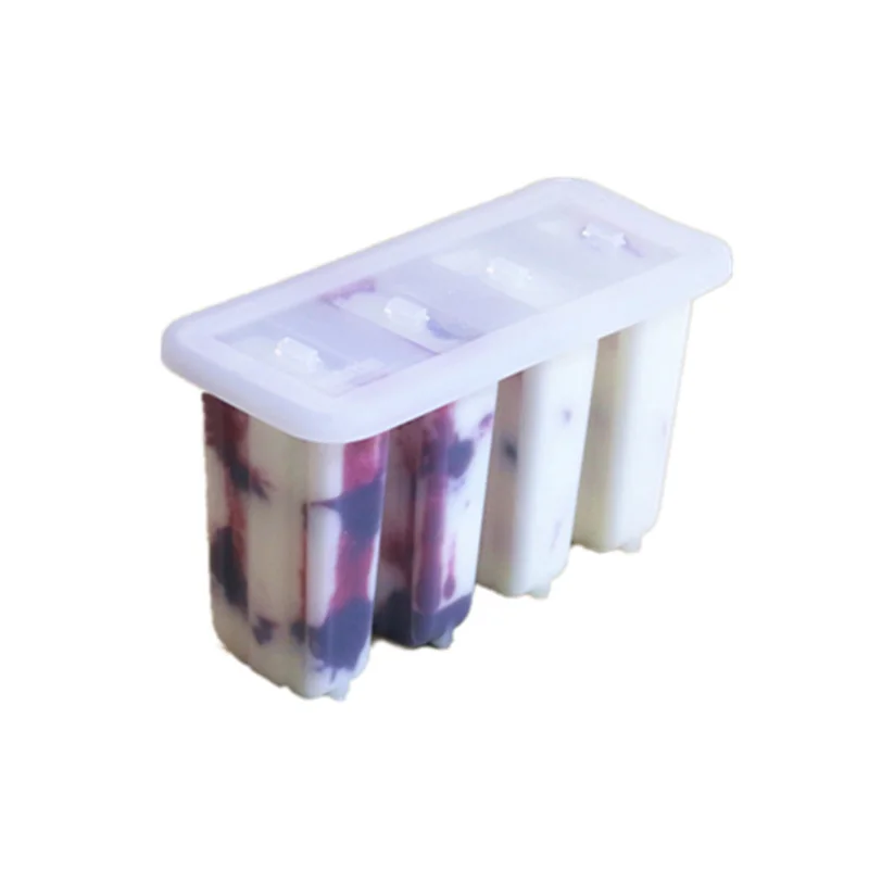 

1 set Ice Cream Tools 4-Cavity Popsicle Molds For Ice Cream White Food Grade Plastic With Lid Free 50 Wooden Sticks