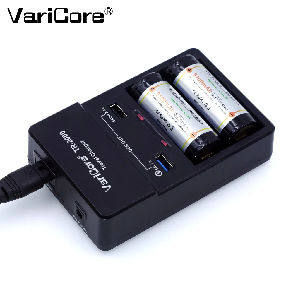 Varicore TR-2000 charger and quick charge 3.0 for 18650 26650 aa AAA batteries and QC 3.0 / USB 5V mobile devices.