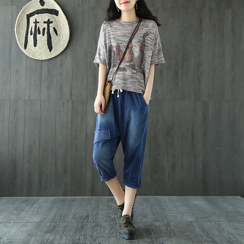 Женщины Лето O-образным Вырезом Ретро Футболки Отпечатано Винтаж Характер