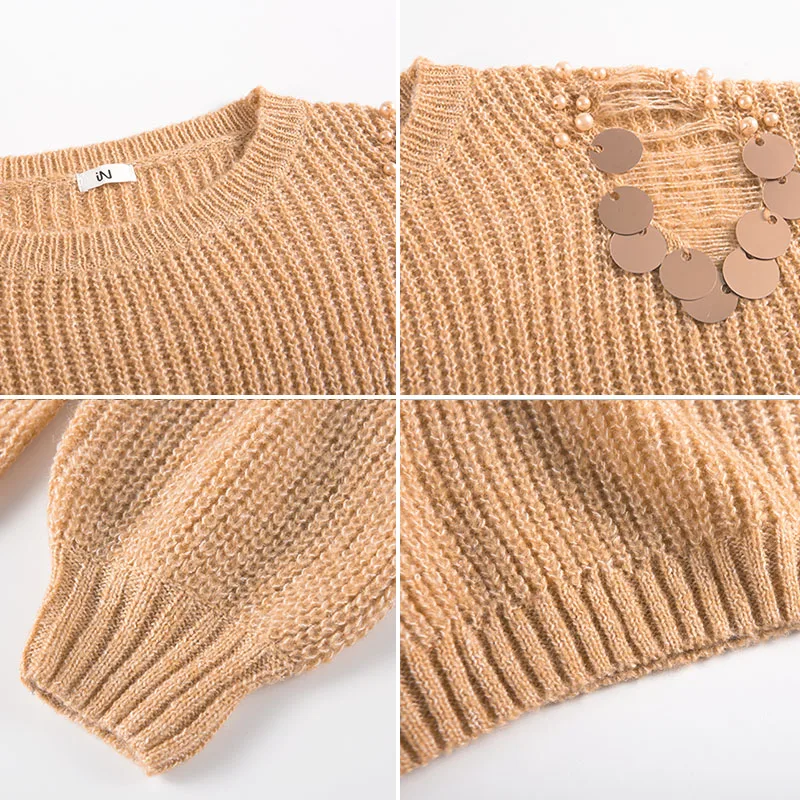 Sweat Sweater Women Autumn Winter Pullovers Solid Beading Causal Oversize Long-sleeve Knitted Sweaters CGM18163 | Женская одежда