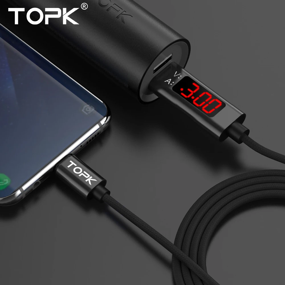 Кабель TOPK DLine1 usb type C с дисплеем напряжения и тока нейлоновый плетеный кабель для