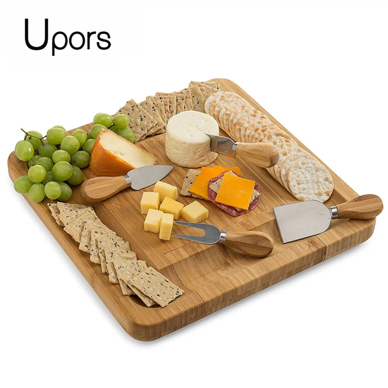 UPORS Natural Bamboo Cheese Board With Cutlery Knife Set Slide Out Drawer Wooden Platter 4 Small Wood Handle Cutting Knives