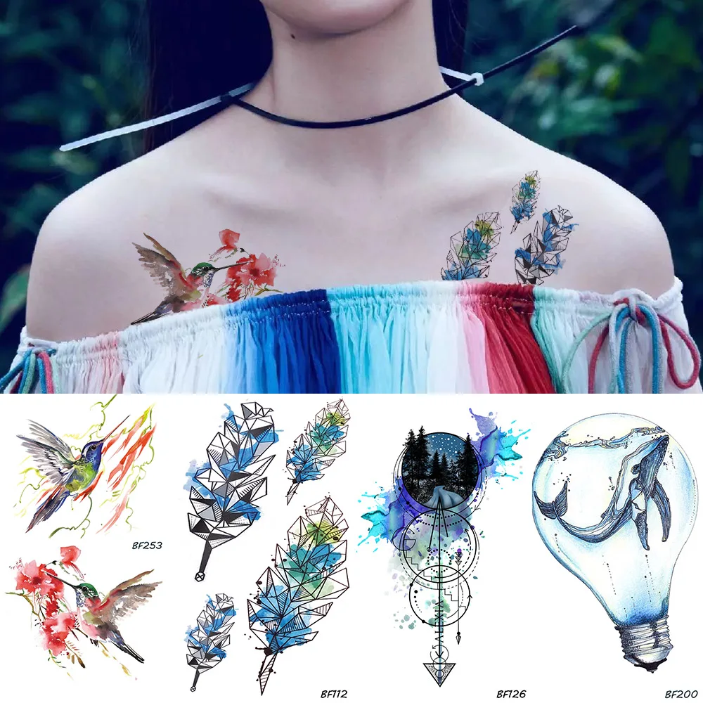 Красочные Птицы Hummer геометрические перо Временные татуировки наклейки для