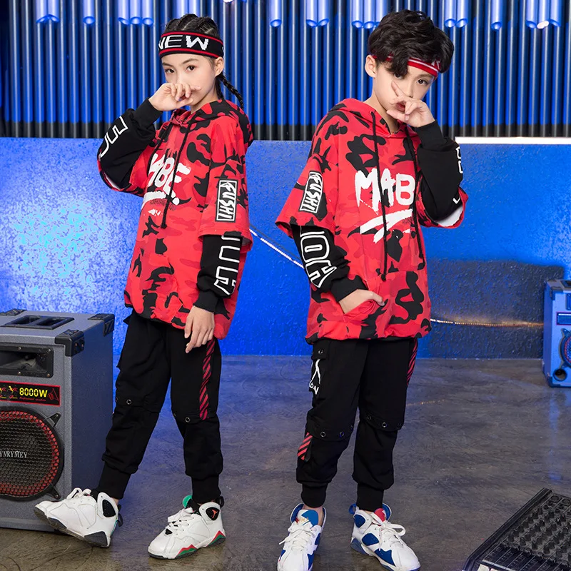 Camouflage Printed Hoodie Pants Set Childrens Hip-hop Street Dance Suit Clothing Jazz Hip Hop Costumes for Kids Boys and Girls |