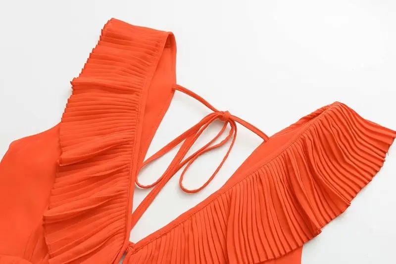 Женское оранжевое Макси платье плиссированное с оборками без рукавов открытой